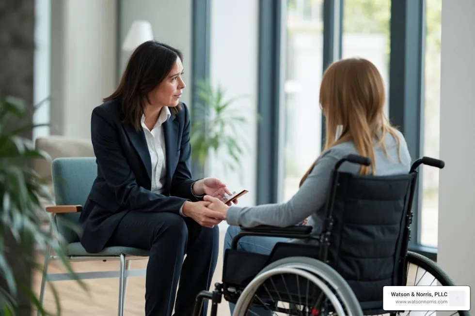 A woman in a suit sits and talks with a woman in a wheelchair in an office setting, suggesting an ADA lawyer engaged in a meaningful conversation about accessibility rights.