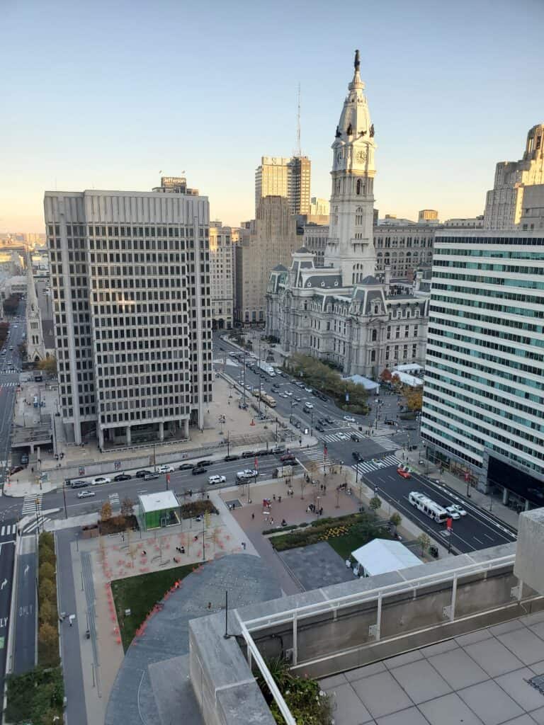 A view of the city from the top of a building.