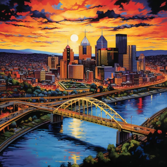 A Pittsburgh cityscape painting at sunset.