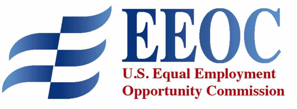 Logo of the U.S. Equal Employment Opportunity Commission with stylized blue stripes and the letters "EEOC" in blue, and the full name in red below.