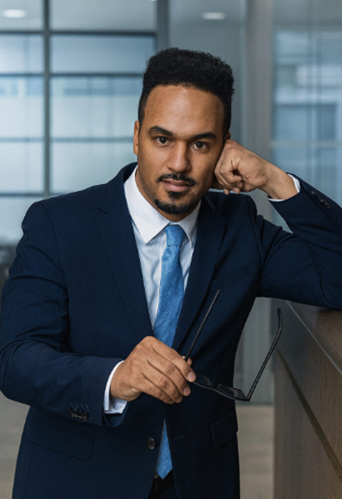 A man in a navy suit and blue tie leans against a counter, holding eyeglasses in one hand, with a modern office background, perfect for a professional homepage image.