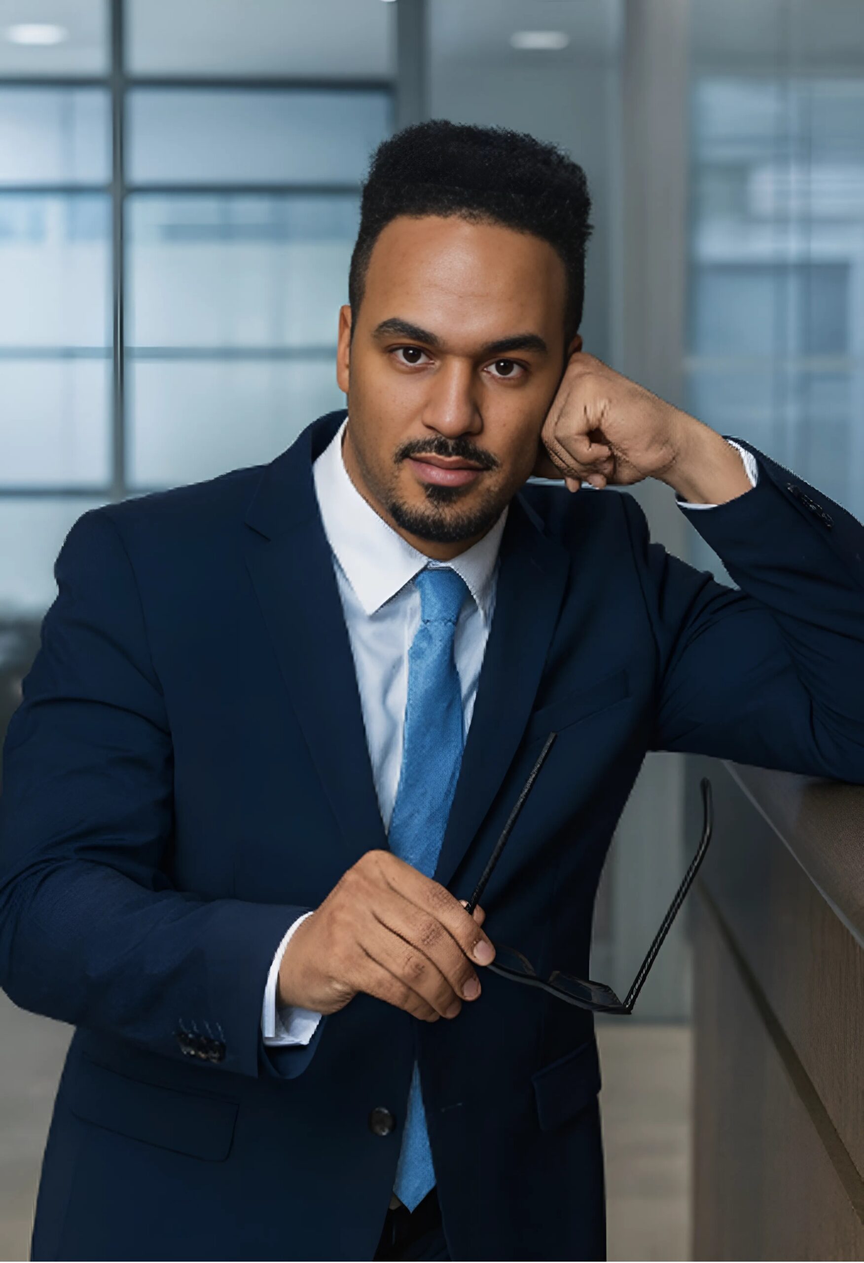 Man in a navy blue suit and light blue tie leans on a desk, holding eyeglasses, with an office background featuring glass walls.