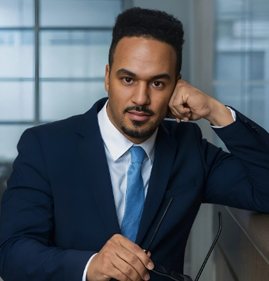A man in a navy blue suit and light blue tie sits indoors, holding eyeglasses and resting his arm on a partition, with a windowed office background at the Lacy Employment Law Firm.