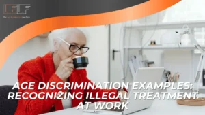 Older woman in a red jacket drinks coffee while using a laptop at a desk; text reads “Age Discrimination Examples: Recognizing Illegal Treatment at Work and Workplace Discrimination.”.