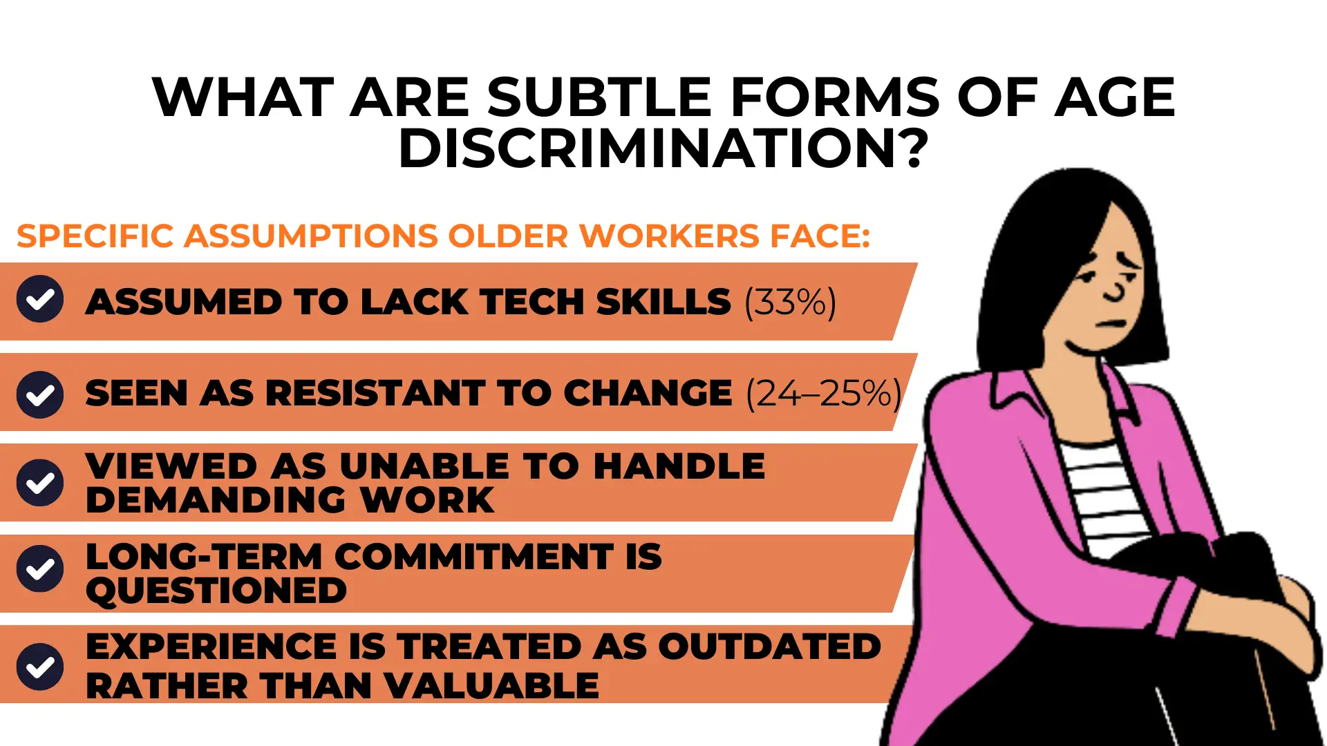Illustration of a woman beside a list of subtle age discrimination forms, including assumptions about tech skills, resistance to change, demanding work, long-term commitment, and outdated experience—highlighting how workplace discrimination and illegal treatment at work can manifest in everyday situations.