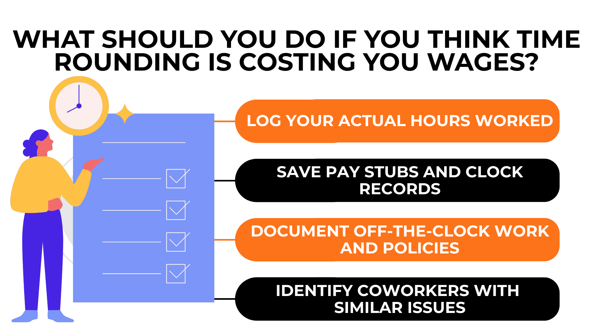 Checklist urges logging hours, saving pay stubs, documenting policies, and finding coworkers.