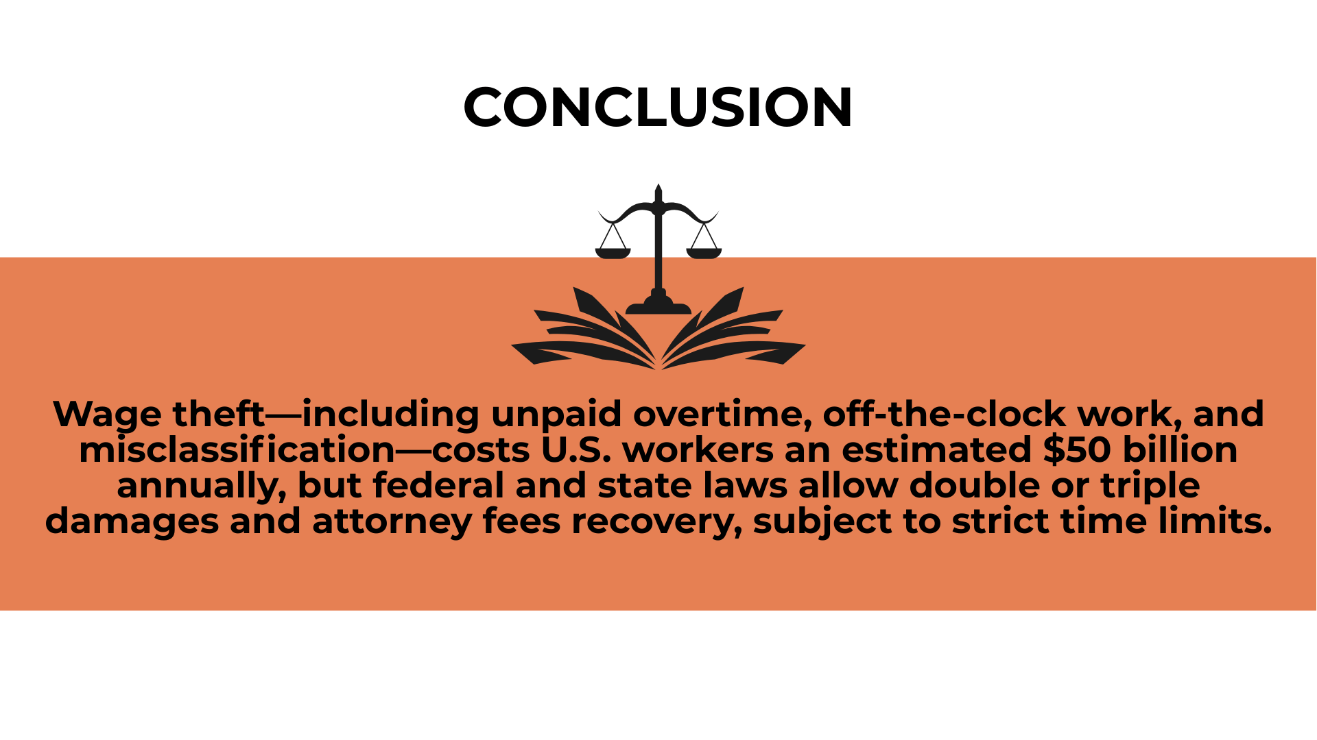 Scales above open book with text on $50B wage theft losses and double or triple damages under law.