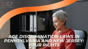 A woman with short gray hair sits at a desk using a laptop. Text reads: “Age Discrimination Laws in Pennsylvania and New Jersey: Your Rights.” This image highlights the importance of understanding age discrimination laws for residents of both Pennsylvania and New Jersey.