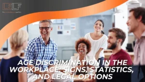 Six professionally dressed adults of varying ages and ethnicities smile and converse around a table in a modern workplace; overlaid text discusses age discrimination in the workplace and highlights legal options available to those affected.