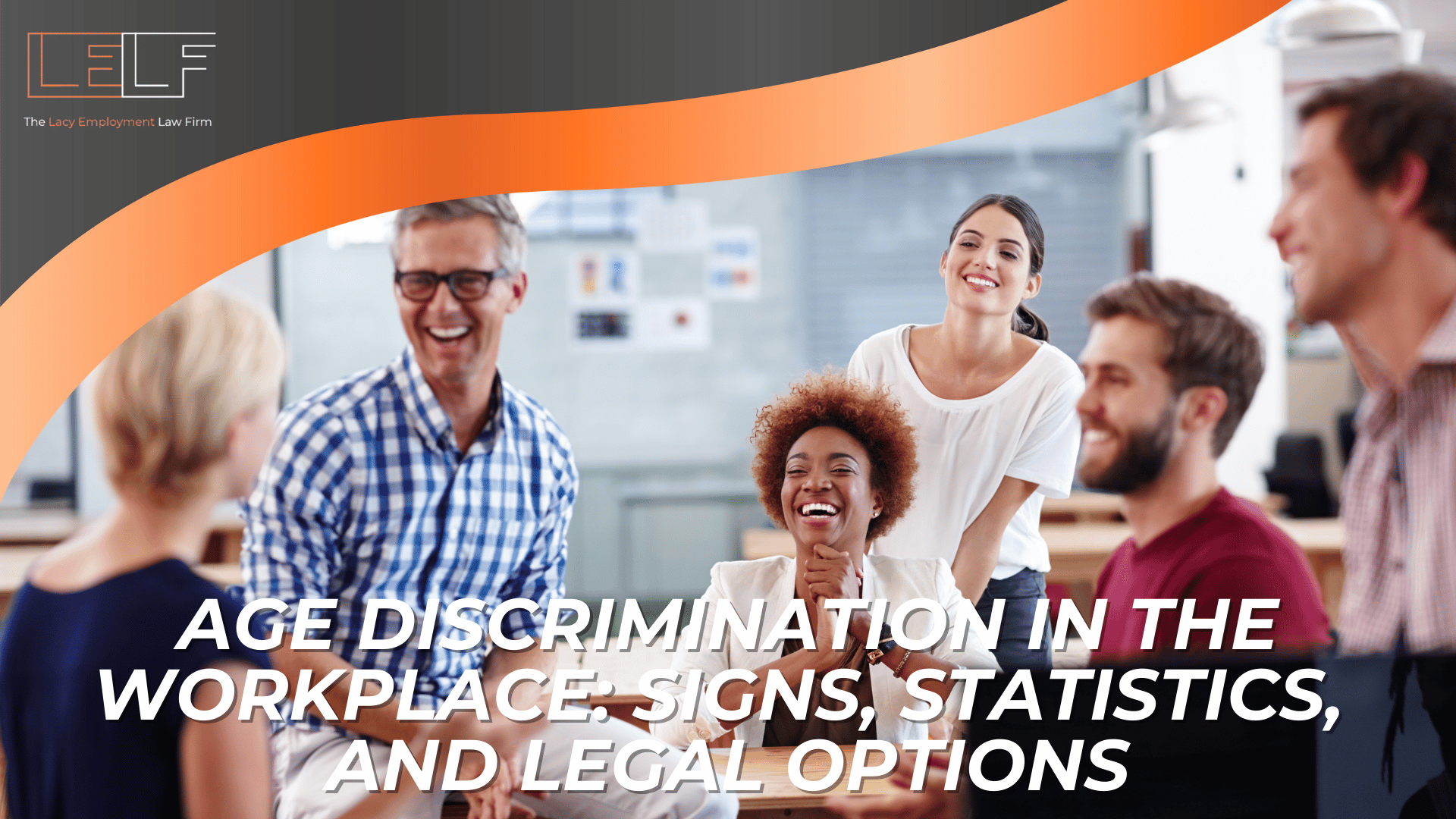 Diverse coworkers gathered at a table under firm branding introduce workplace age discrimination, trends, and legal remedies.