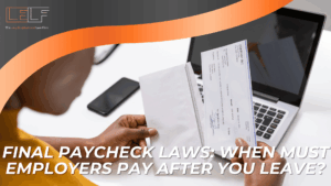 Worker opening final paycheck at laptop introducing deadlines for payment after job separation.
