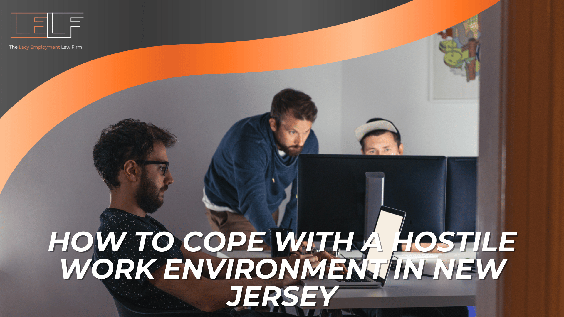 Office scene with coworkers at computers introducing guidance on coping with hostile work environments under New Jersey law.