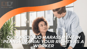 Woman in red suit between two panels comparing supervisor harassment liability and coworker harassment negligence standards.
