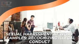 Four people work at desks in a modern office. The text overlay reads: “Sexual Harassment at Work Examples: Recognizing Illegal Conduct,” highlighting the importance of understanding and addressing sexual harassment at work.