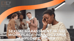 Woman at desk looks distressed as coworkers talk behind her; headline introduces Pennsylvania workplace sexual harassment rights.