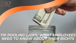 A hand places a folded U.S. hundred-dollar bill into a glass jar. Text reads: “Tip Pooling laws: What employees need to know about their rights.”.