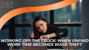 A woman in business attire looks stressed, checking her watch at a desk with a laptop. Text overlay discusses unpaid work time, wage theft, and the issue of working off the clock.