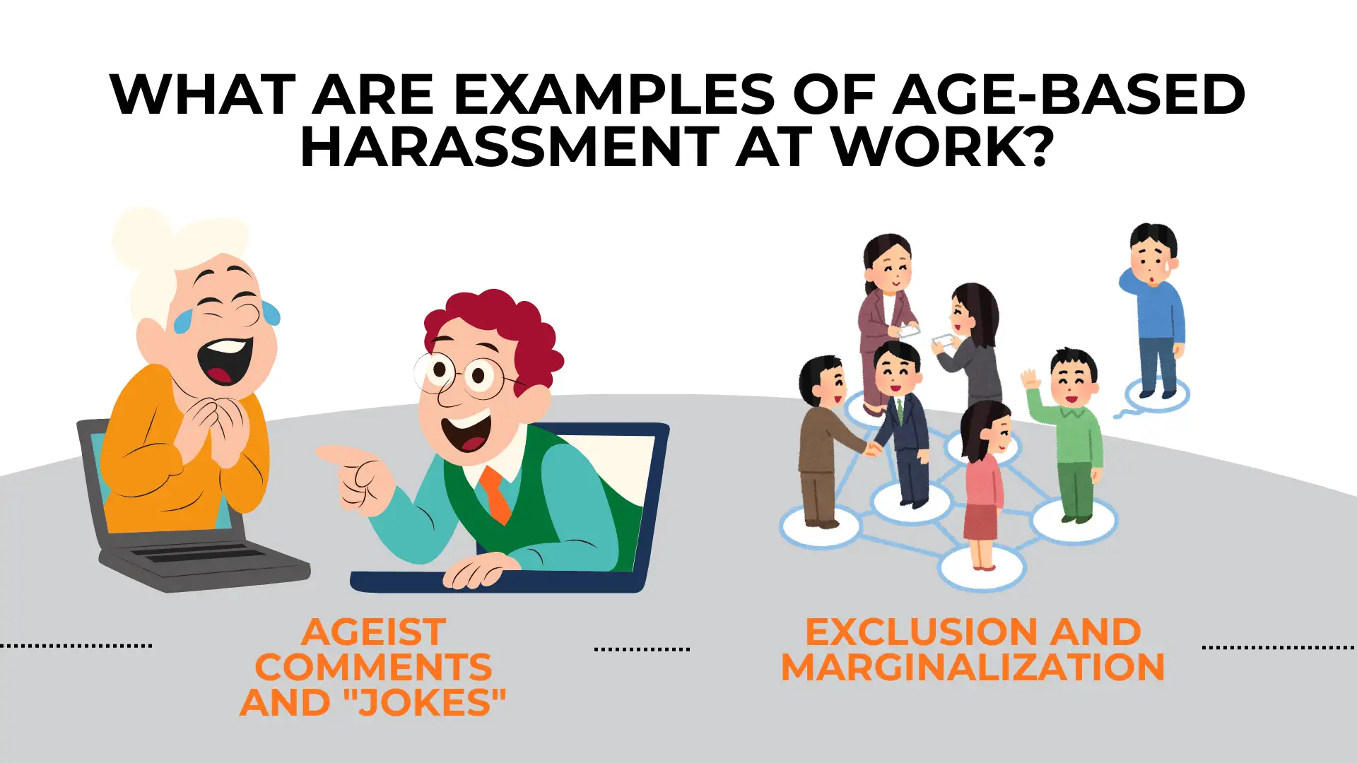 Two illustrated examples of age discrimination at work: a person making ageist jokes to an older colleague and a group excluding another person. Text reads “Ageist comments and jokes” and “Exclusion and marginalization”—reminding us that this type of illegal treatment has no place in the workplace.