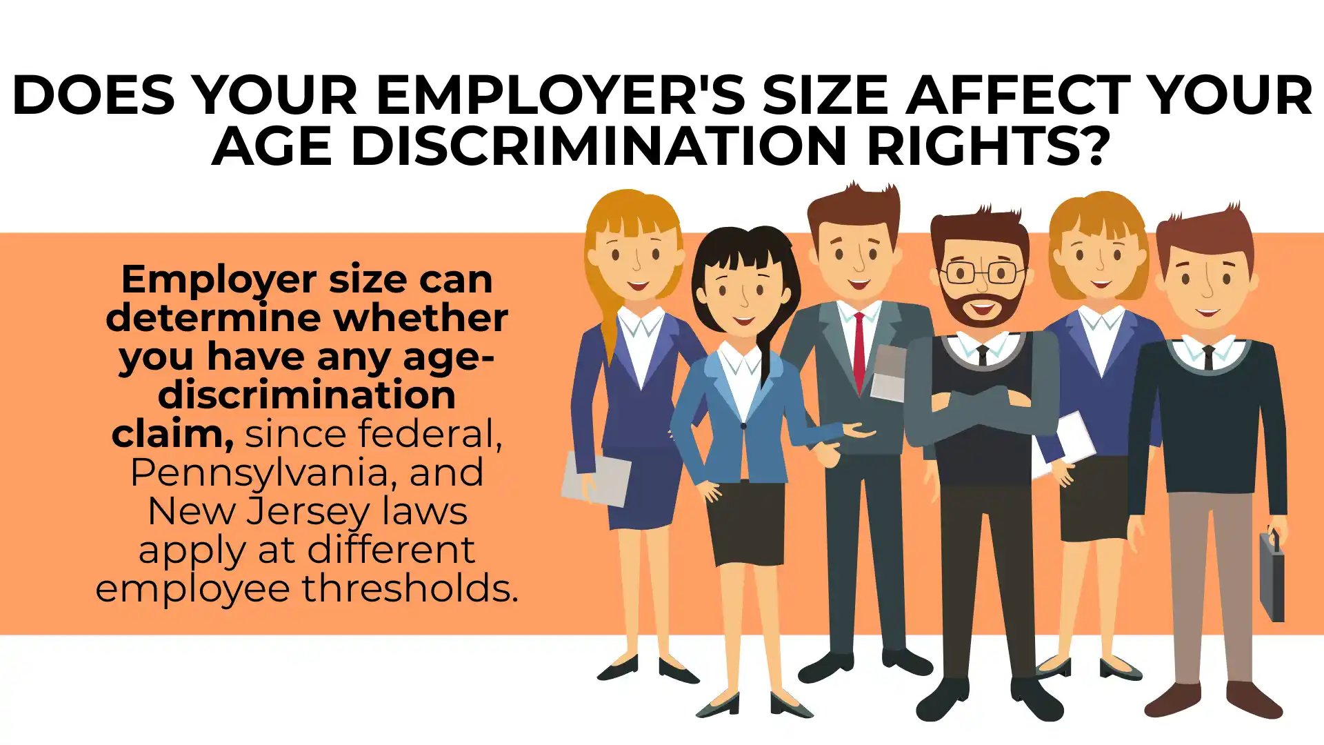 Six professionally dressed cartoon adults stand below a heading about employer size and age discrimination rights, with a boxed text explaining the varying legal thresholds for age discrimination under federal, PA, and NJ law.