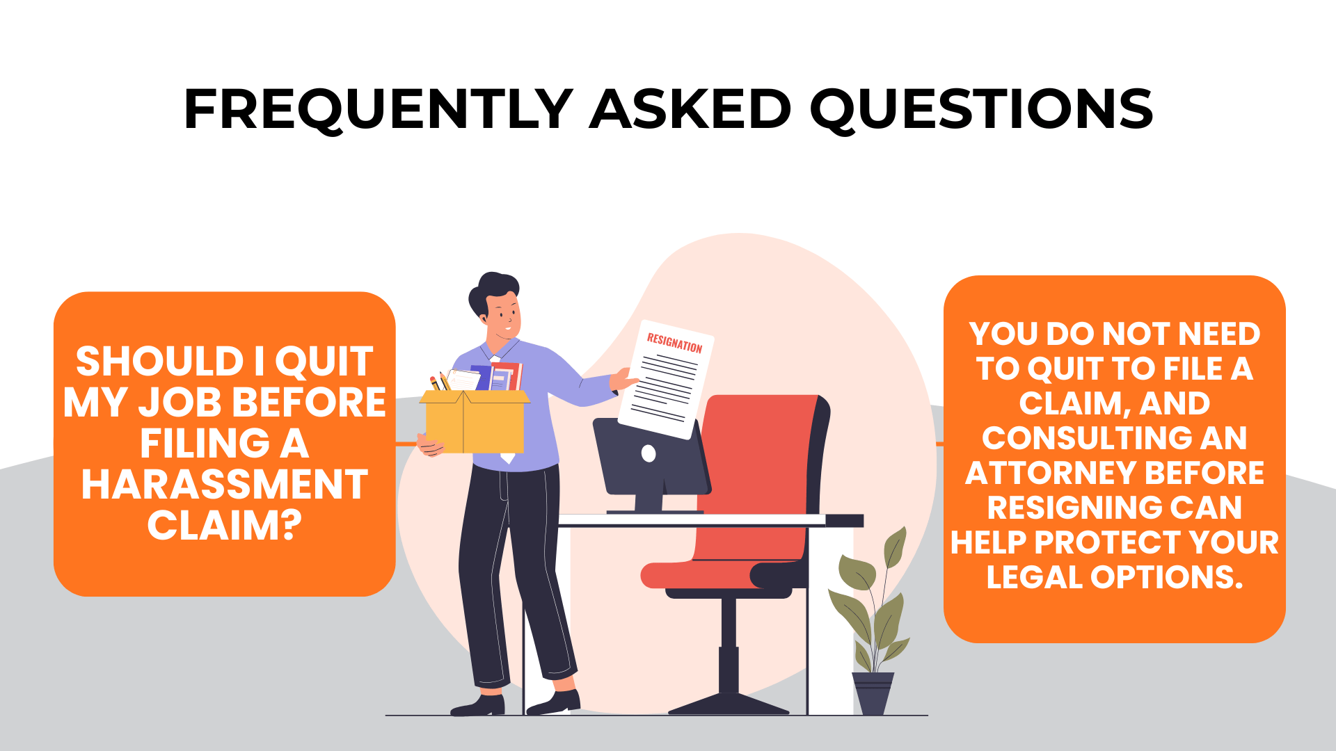 Illustrated employee holding a resignation paper beside a desk answering common questions about quitting and harassment claims.