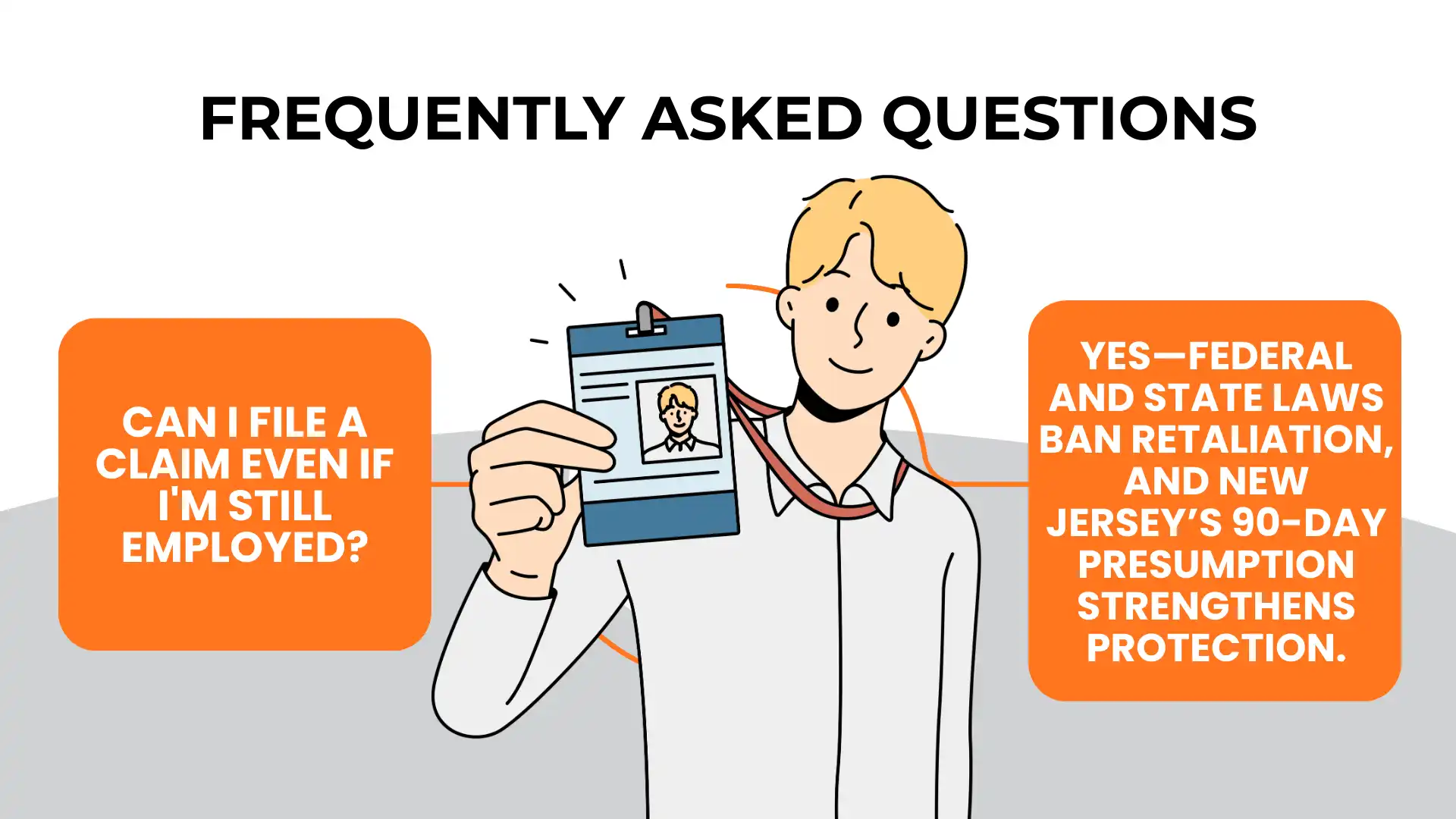 Illustration of a person holding an ID badge, with text discussing filing a claim while still employed and state retaliation protections, including issues such as Working Off the Clock.