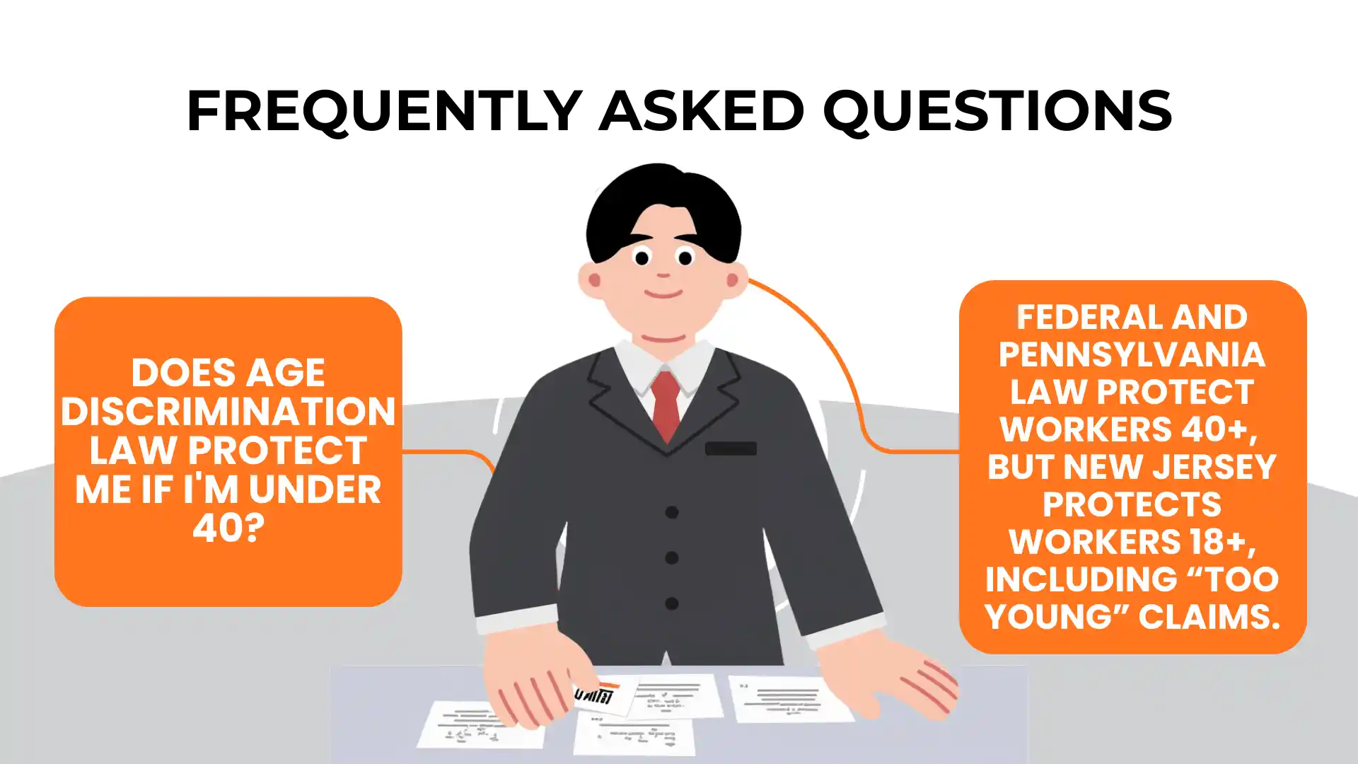 Illustration of a person in a suit at a desk with FAQ text about age discrimination laws and legal options for workers under and over age 40 in the workplace in Pennsylvania and New Jersey.