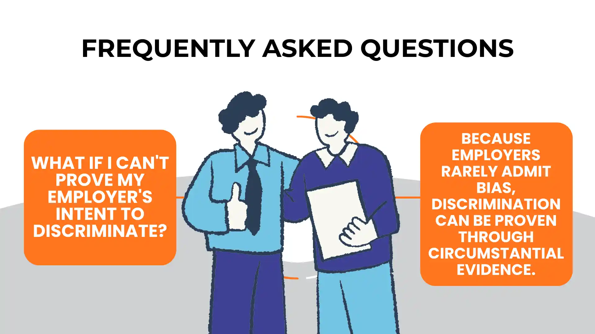 Two people stand together in the workplace; text explains that discrimination, including age discrimination, can be proven using circumstantial evidence—even if an employer’s intent to discriminate cannot be directly shown. Look for signs that may reveal unfair treatment.