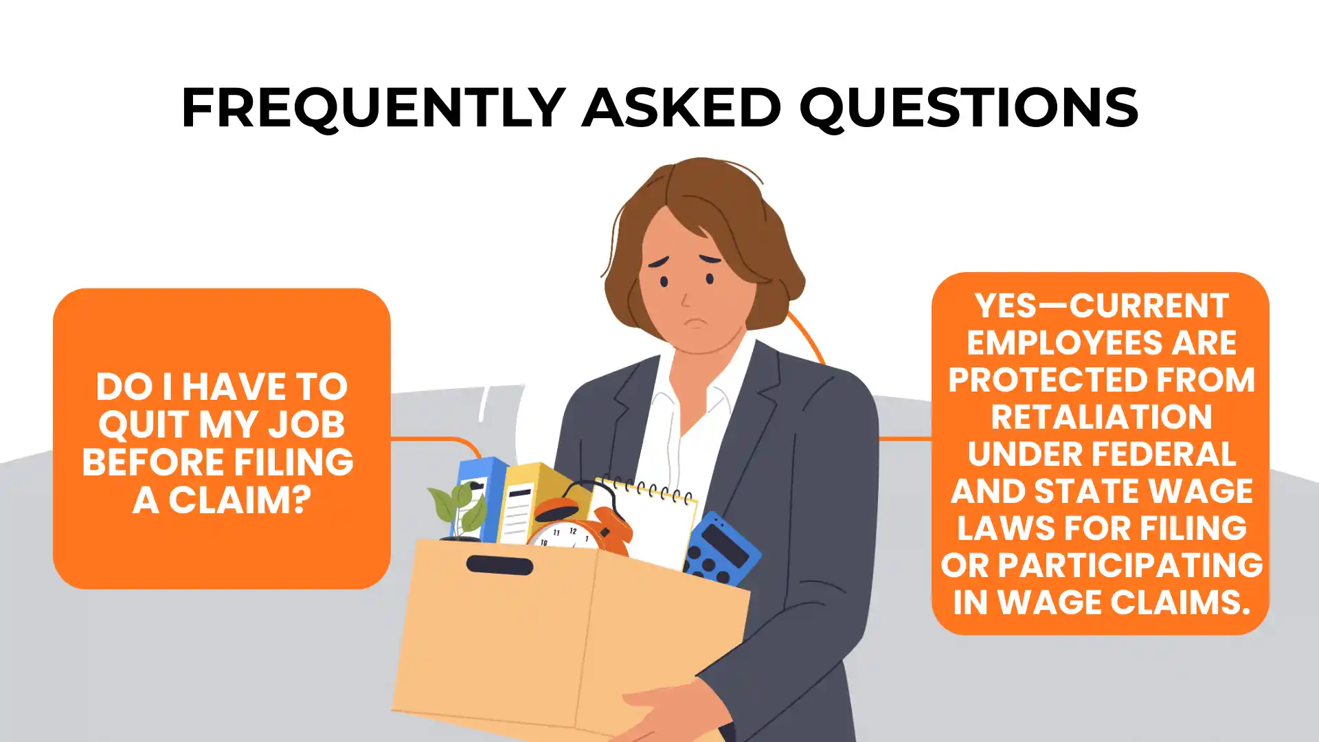 A woman in business attire holds a box of office items, with FAQ text about job resignation and employee protection for wage claims—highlighting important information on Exempt vs Non-Exempt Employees—beside her.