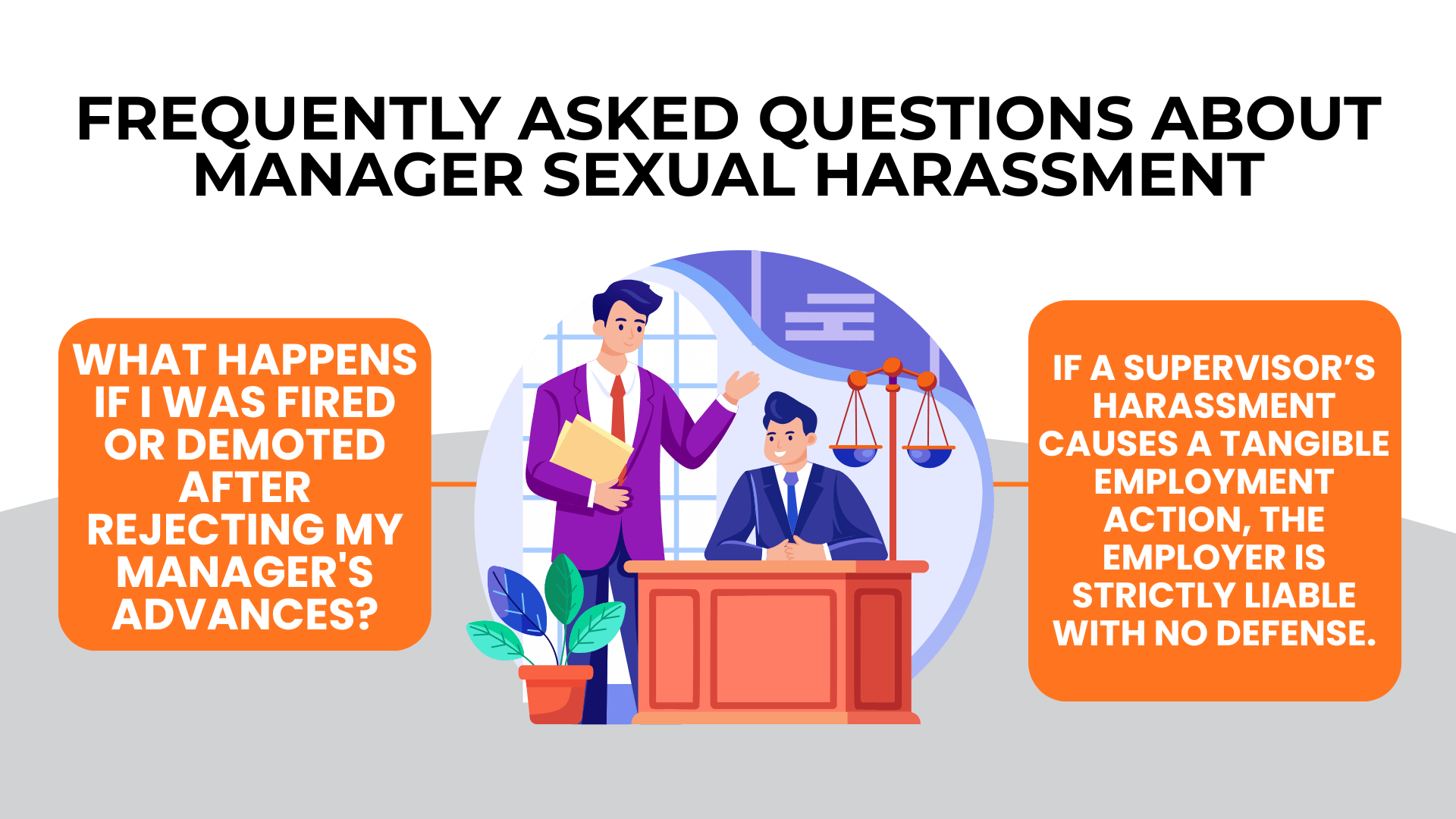 Courtroom illustration with judge and lawyer; FAQ asks about being fired or demoted after rejecting a manager.