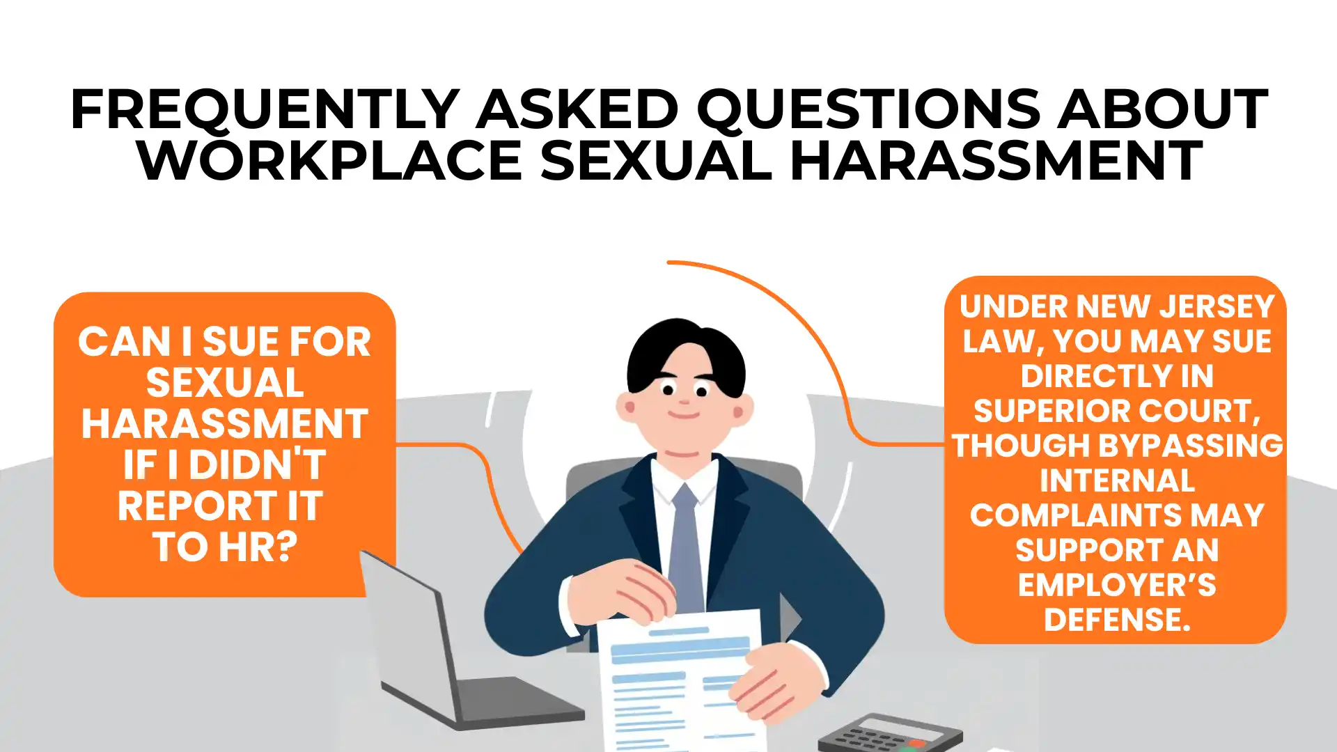 Illustration of a person at a desk with text about options for individuals who have been sexually harassed in the workplace in New Jersey, including information on suing for workplace sexual harassment without reporting to HR first.