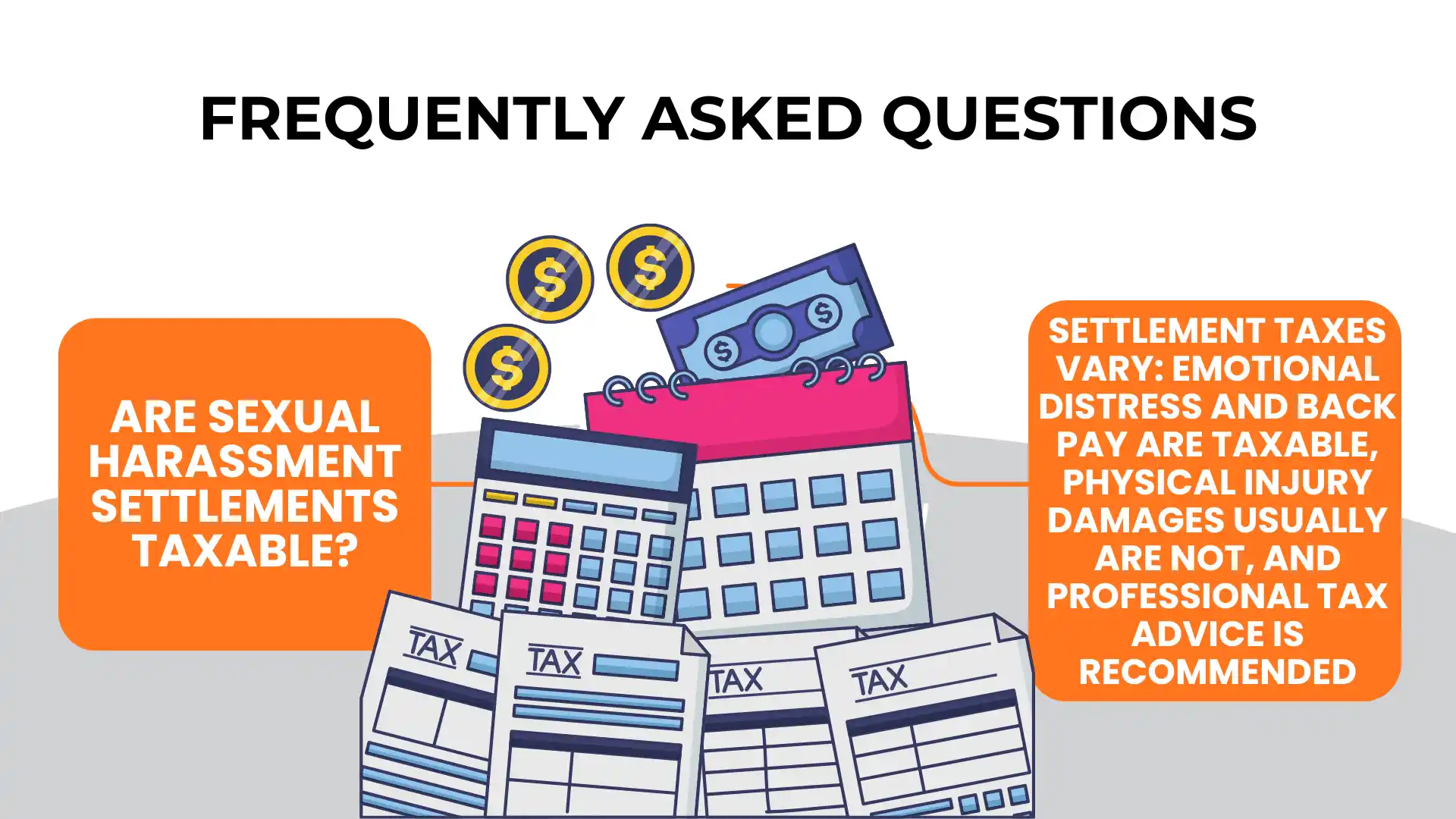 Illustration showing a FAQ about the taxability of sexual harassment settlements, with calculators, money, tax documents, and advice to consult a professional for tax guidance. The image highlights questions about workplace sexual harassment settlement amounts and emphasizes the importance of understanding related tax obligations.