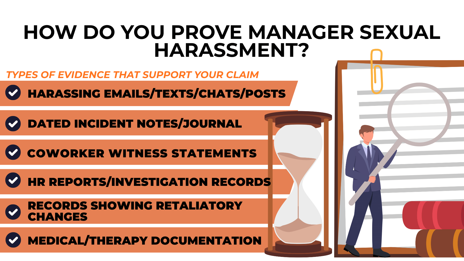 Checklist shows proof types: texts, dated notes, witnesses, HR records, retaliation changes, medical documentation.