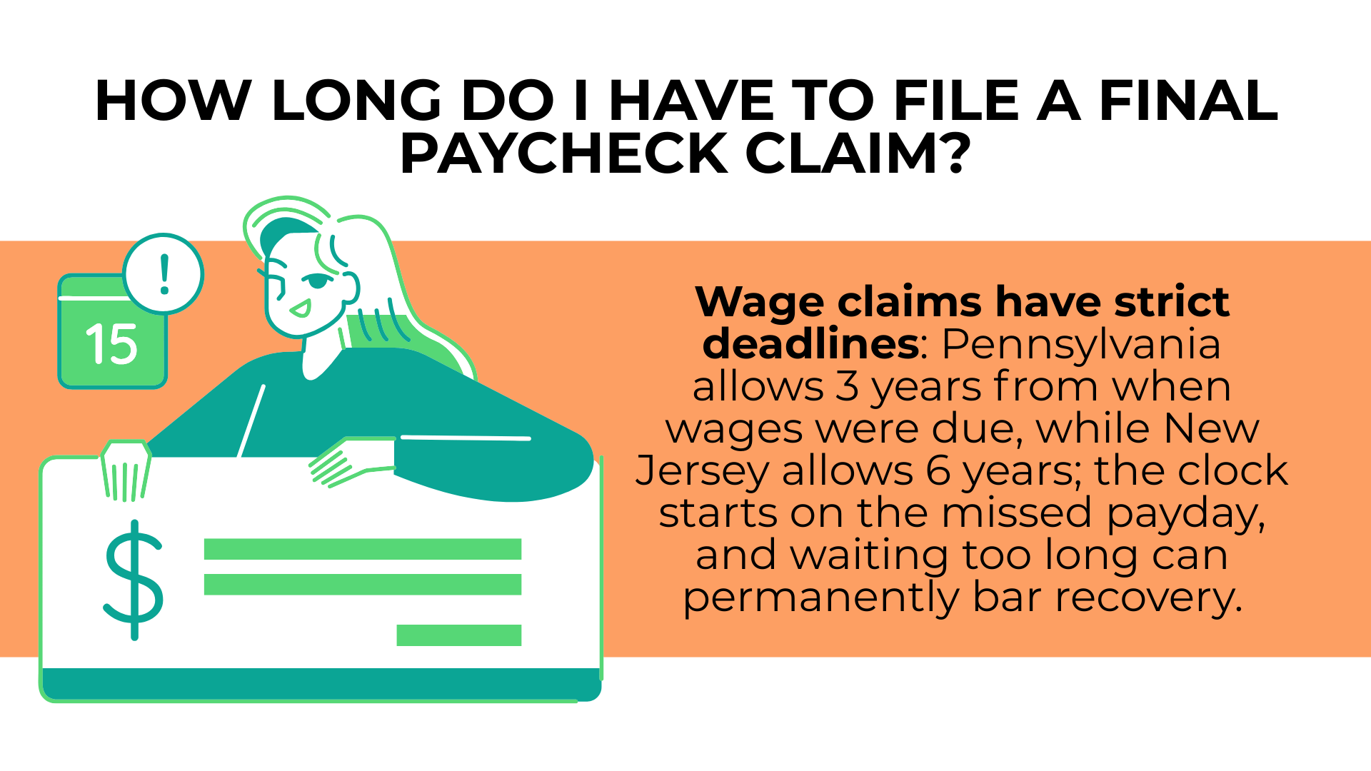 Person leaning on large check with calendar icon explaining PA 3-year and NJ 6-year limits.