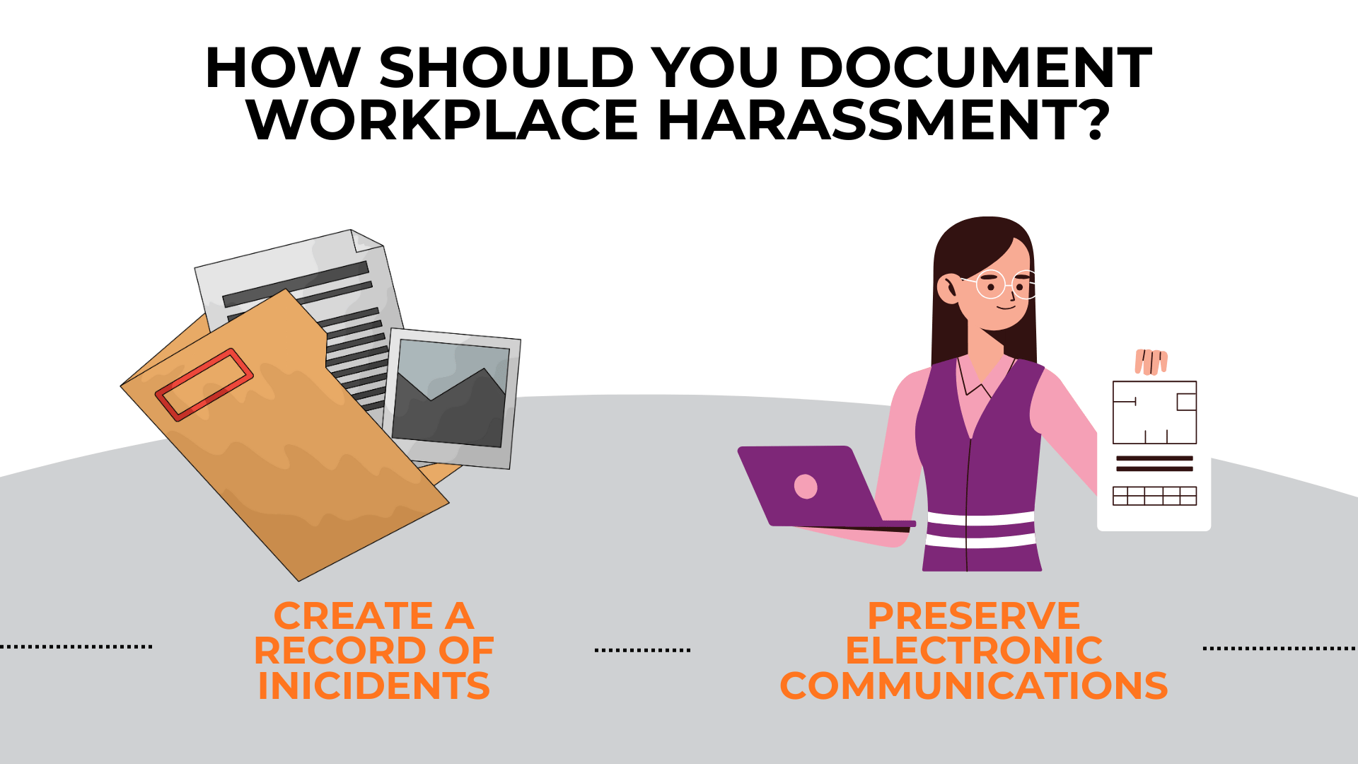 Folder of records and a woman holding a laptop highlight documenting incidents and preserving electronic communications.