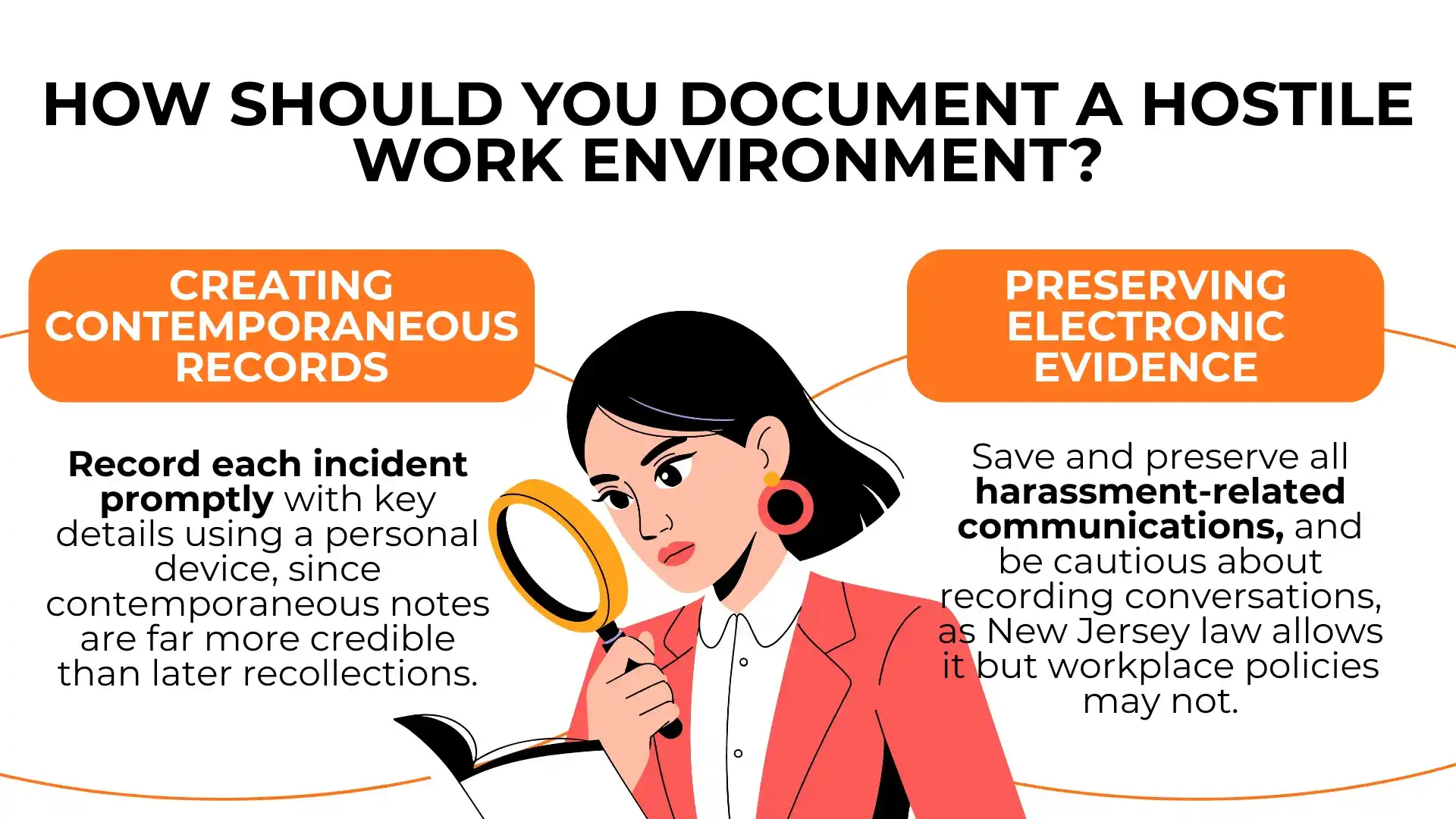 A woman reviews documents with a magnifying glass, carefully examining each detail. Text explains how to document a hostile work environment by keeping thorough records and preserving electronic evidence.