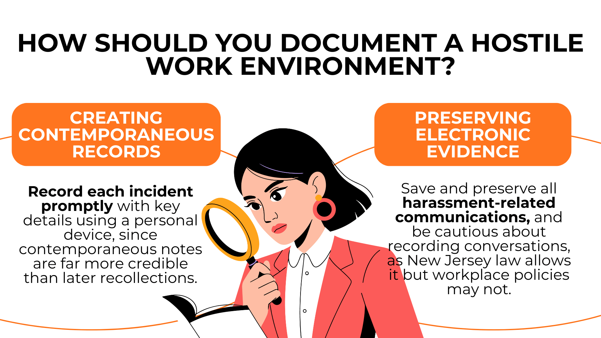 Person using a magnifying glass and notes explaining how to record incidents and preserve workplace harassment evidence.