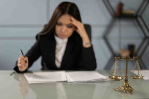 A woman in business attire sits at a desk with legal documents, pondering how to find a top employment discrimination lawyer in New York; a brass scale of justice is featured in the foreground.