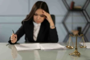 A woman in business attire sits at a desk, reviewing documents with a pen in hand. A brass balance scale is visible in the foreground, suggesting the dedicated work of a New Jersey Employment Discrimination Lawyer.