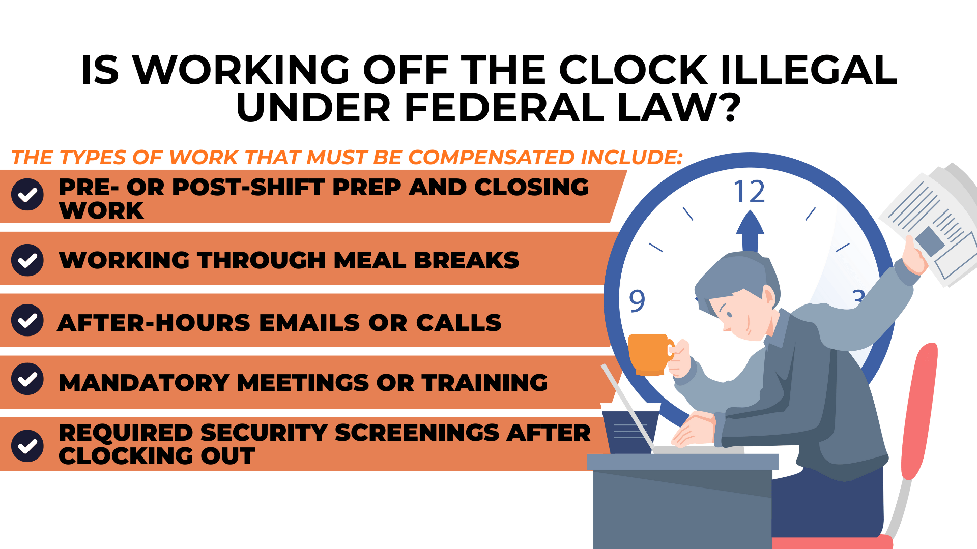 Employee at laptop before clock listing pre-shift, breaks, emails, meetings as paid work.