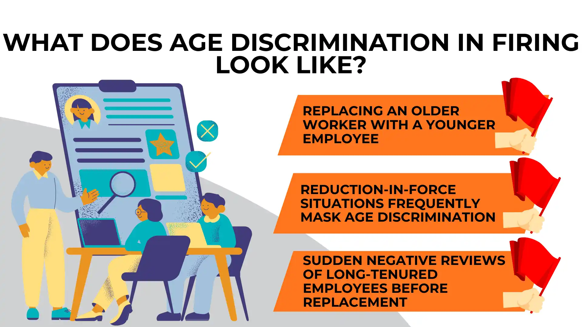 An illustration of people at work in an office, with text describing examples of age discrimination in firing, such as replacing older workers and masking bias in reviews and workforce reductions—highlighting these forms of illegal treatment.