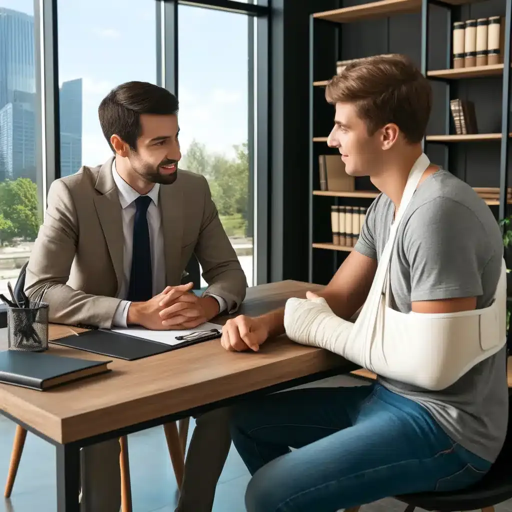 A man in a suit, likely one of the personal injury lawyers, talks to a young man with his arm in a sling at a desk in an office with bookshelves and large windows.