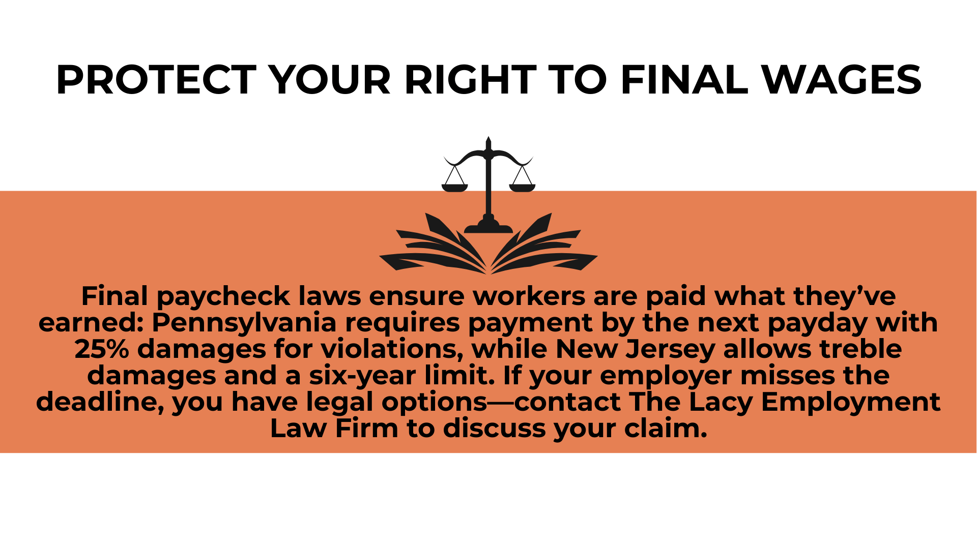 Scales of justice over banner summarizing next payday rule and penalties for unpaid wages.