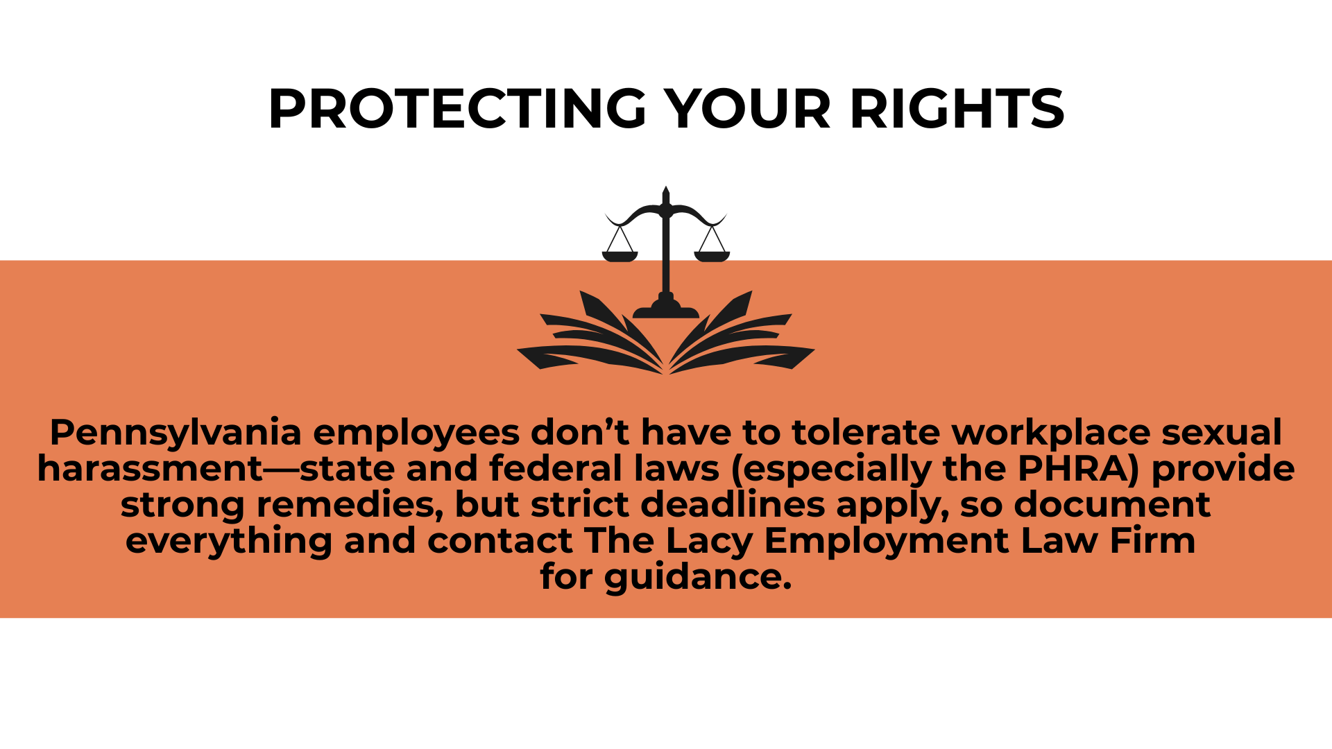 Scales over an open book with bold text urging Pennsylvania workers to document harassment and seek legal guidance.