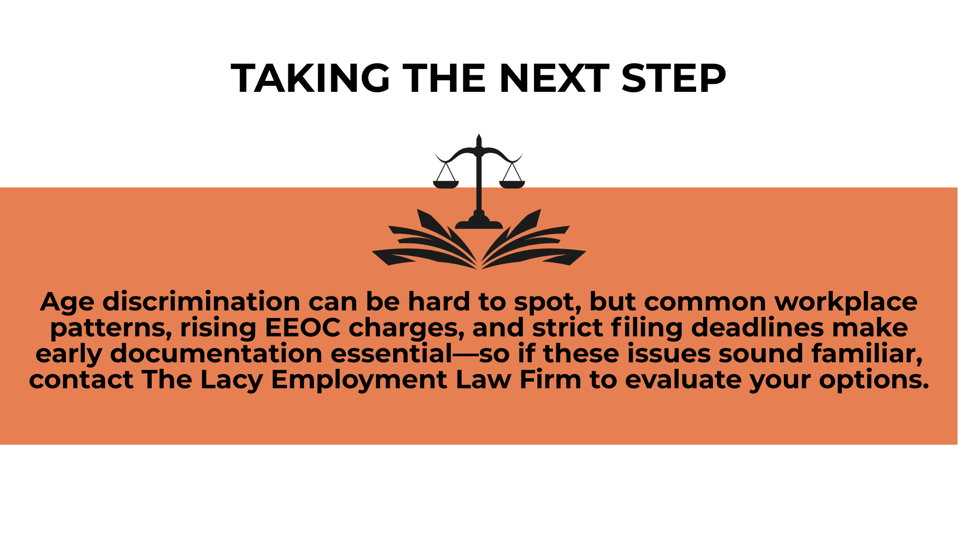 Scales above an open book stress early documentation, EEOC deadlines, and contacting counsel about age discrimination.