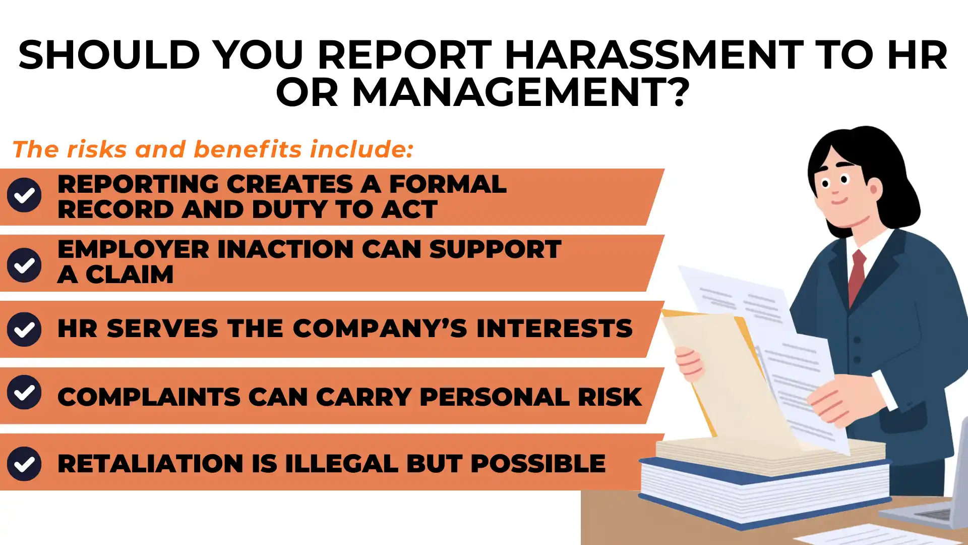 Person holding folders next to a list of considerations about reporting harassment to HR, including risks, benefits, and potential consequences in addressing a hostile work environment.