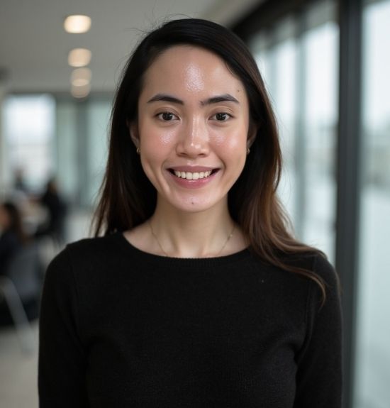 A woman with long dark hair, wearing a black top, smiles at the camera in a brightly lit indoor setting with large windows at Lacy Employment Law Firm.