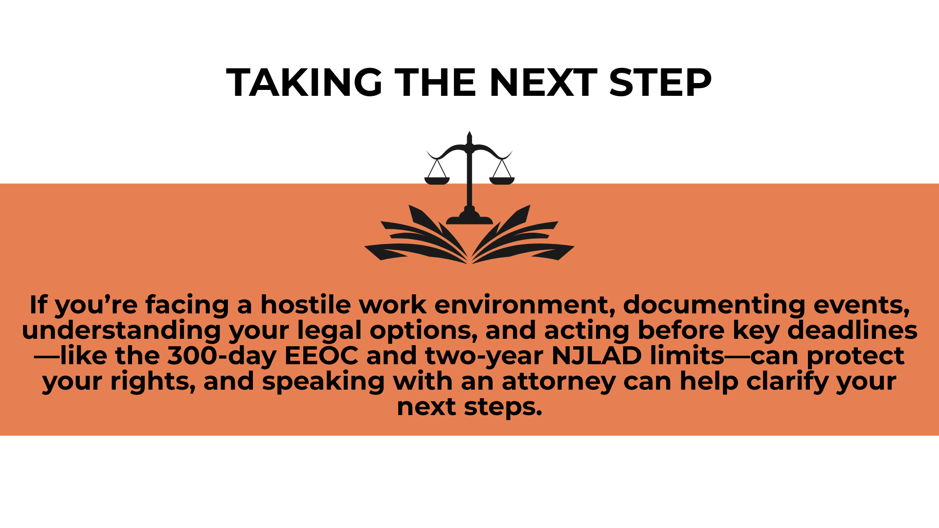 Scales of justice above text summarizing deadlines and legal steps for hostile work environment claims in New Jersey.