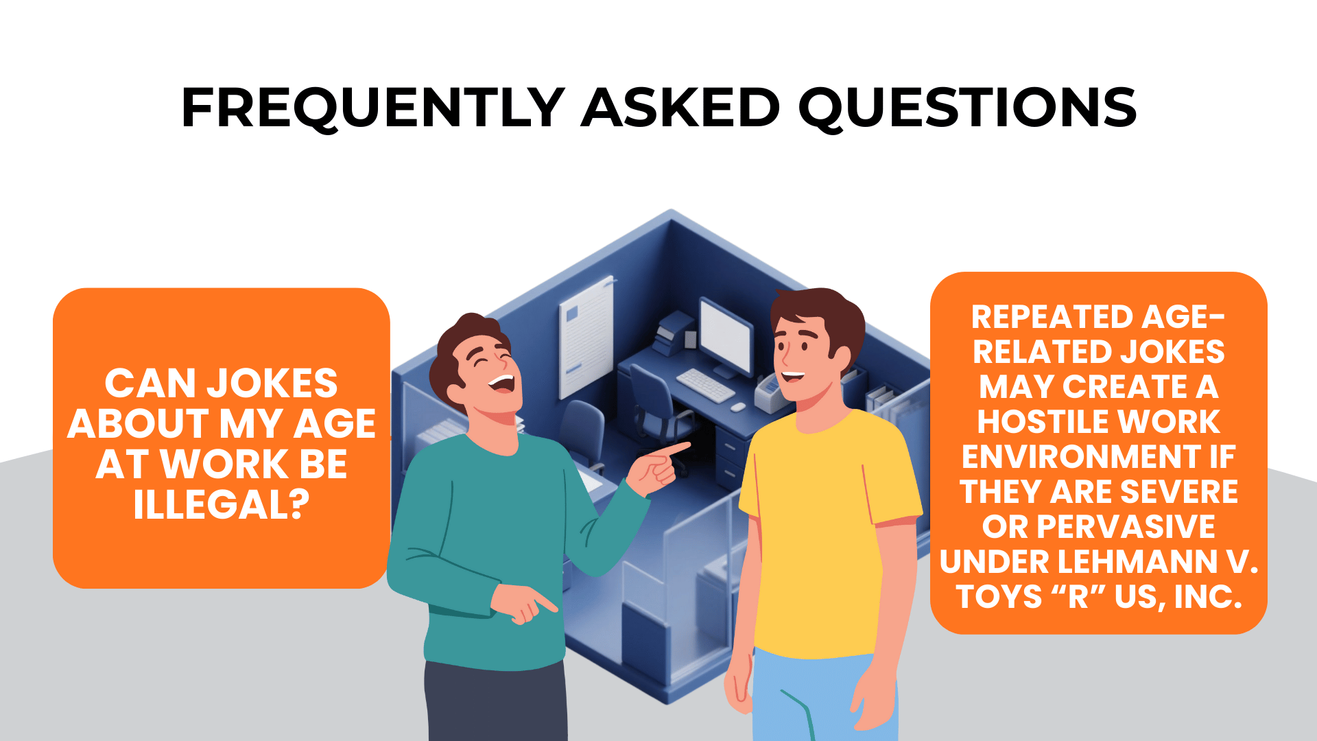 Two coworkers talking in an office scene explaining when repeated age-related jokes may create an unlawful work environment.