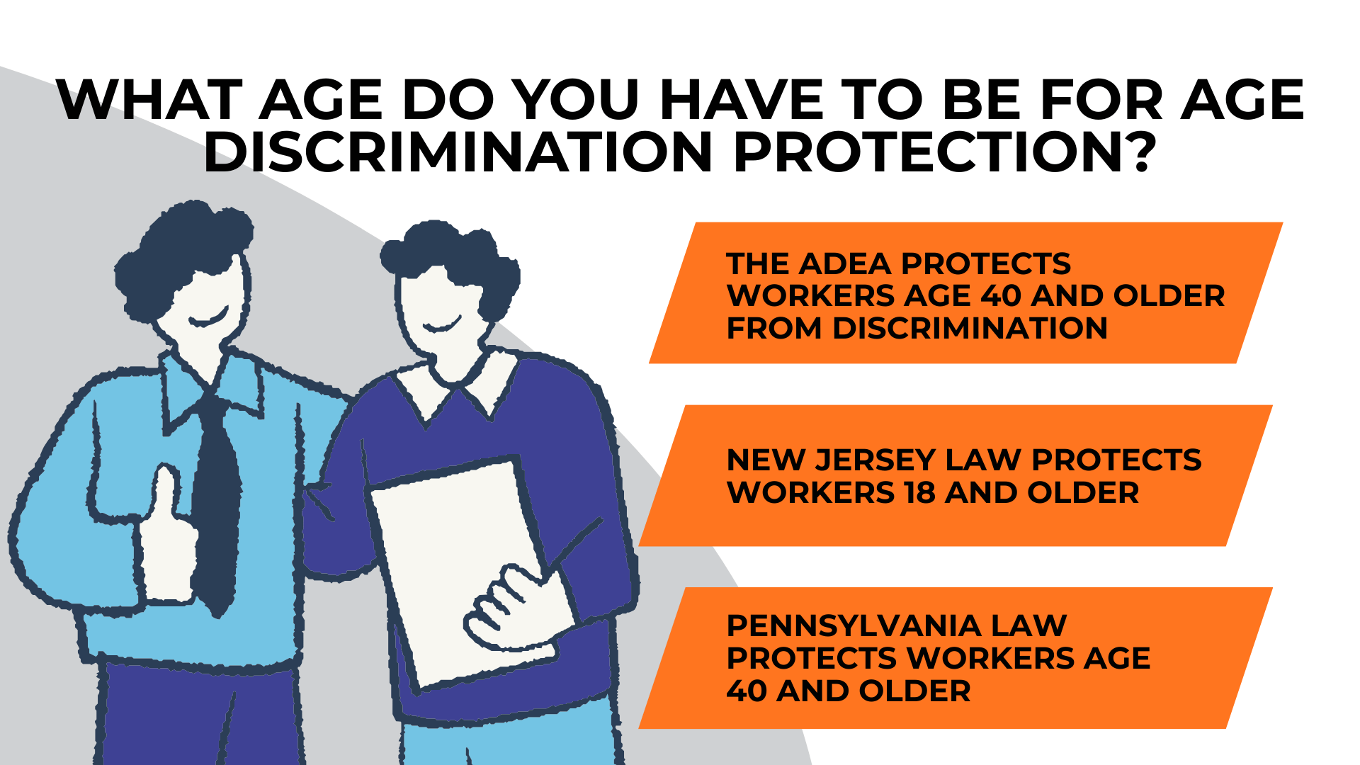 Two workers with documents summarizing age eligibility for protection under federal, Pennsylvania, and New Jersey laws.