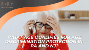 Older woman on phone with stress expression, introducing age thresholds for workplace age discrimination protection in PA and NJ.